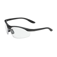 SAFETY GLASSES WITH BLACK FRAME, MAG READERS +1.50 CLEAR LENS AND ANTI-SCRATCH COATING